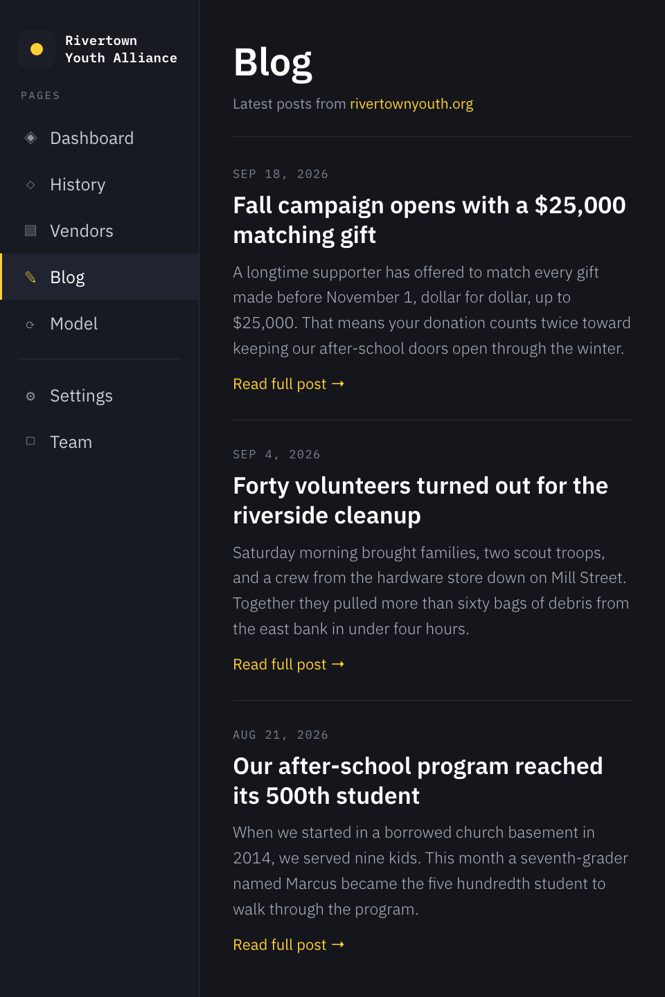 The Blog page inside Runway, listed in the sidebar beside Dashboard, History, and Vendors, showing three recent posts