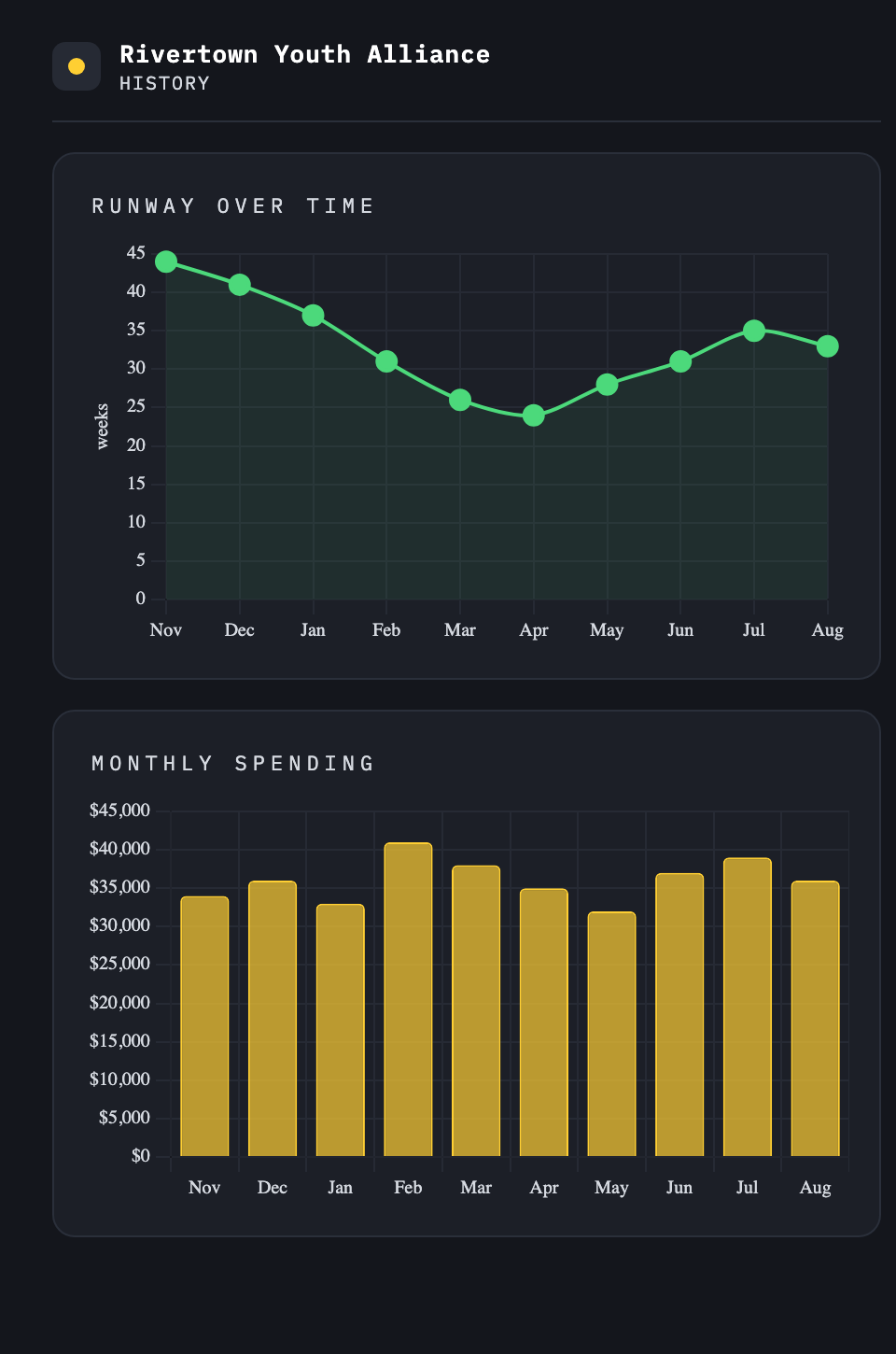 History — runway over time and monthly spending charts
